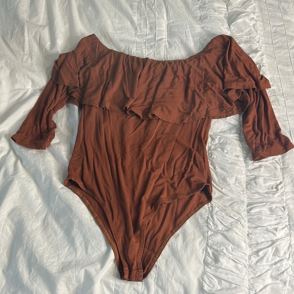 Rust Brown Ruffled Women’s Off Shoulder Bodysuit
